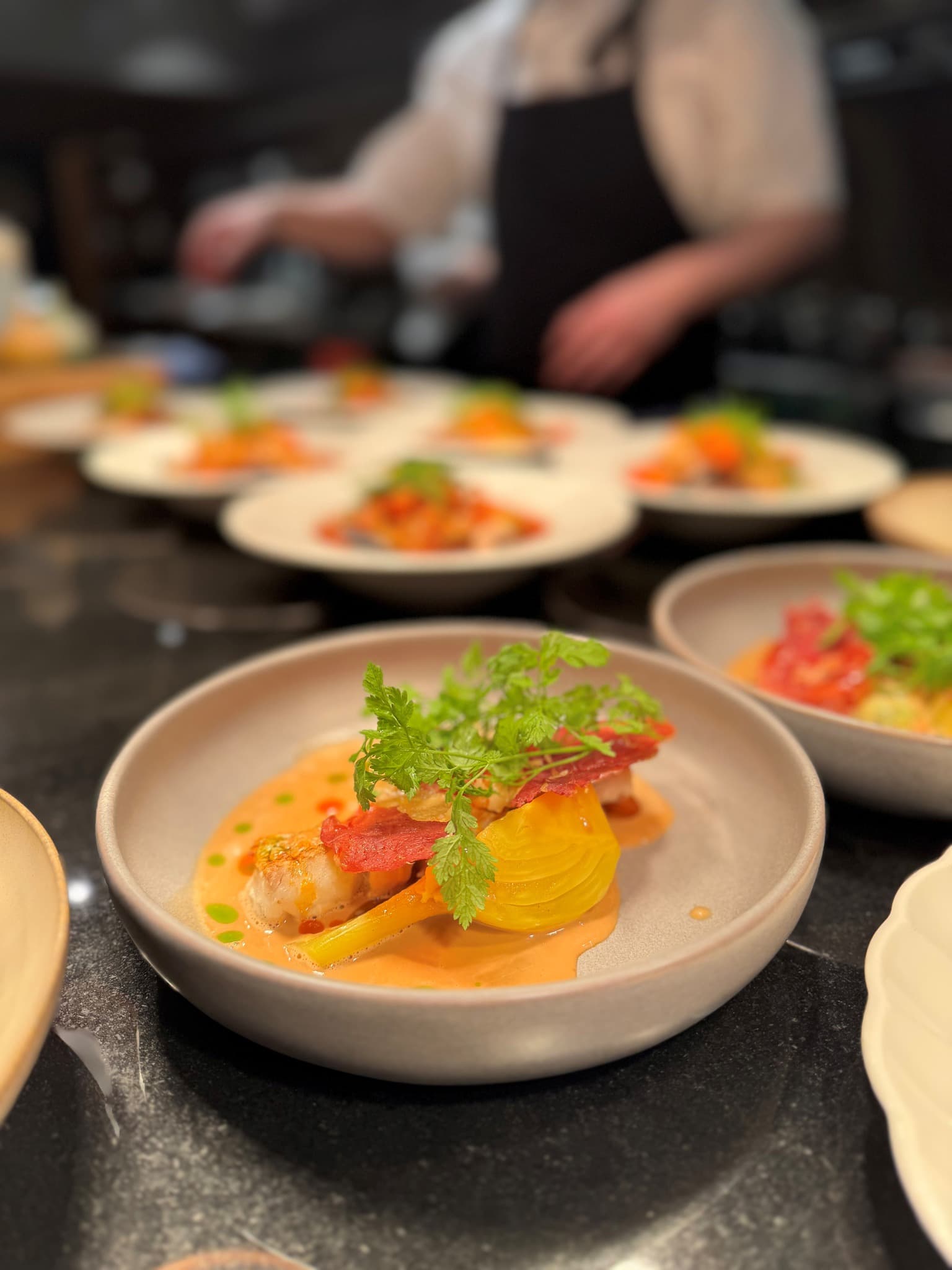 Plates set. Long table.